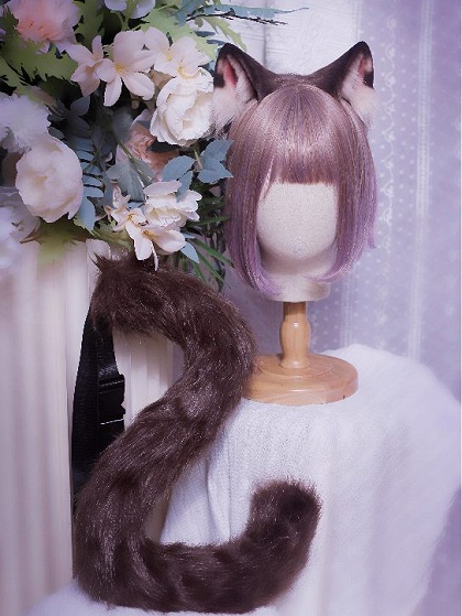 Handmade Faux Fur Dark Brown Siamese Cat Ears KC/Tail