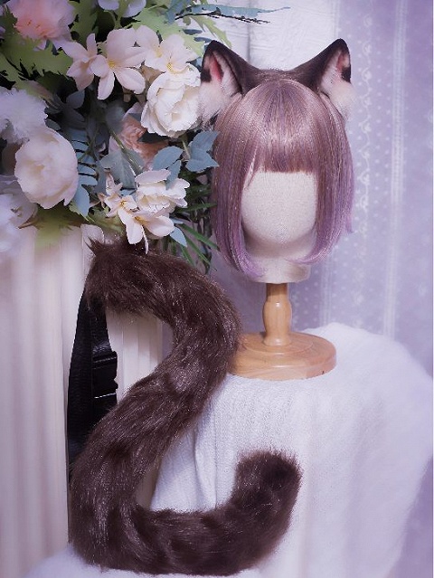 Handmade Faux Fur Dark Brown Siamese Cat Ears KC/Tail