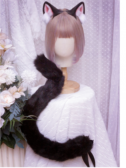 Handmade Faux Fur Dark Black Cat Ears KC/Tail