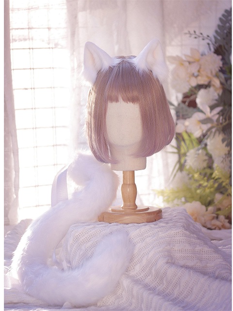 Handmade Faux Fur White Cat Ears KC/Tail