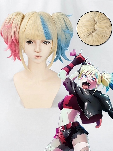 Suicide Squad Isekai Harley Quinn Cosplay Pink and Blue Highlights Hair Color Short Wig