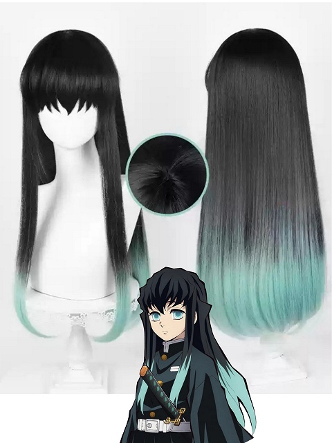 Demon Slayer: Kimetsu no Yaiba Muichiro Tokito Cosplay Black and Blue Ombre Hair Color Long Wig