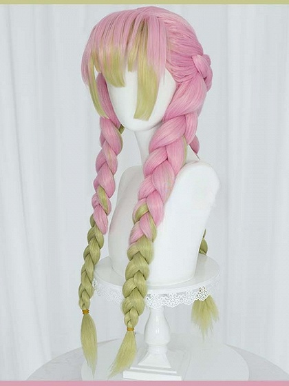Demon Slayer: Kimetsu no Yaiba Mitsuri Kanroji Cosplay Pink and Green Long Braids Wig