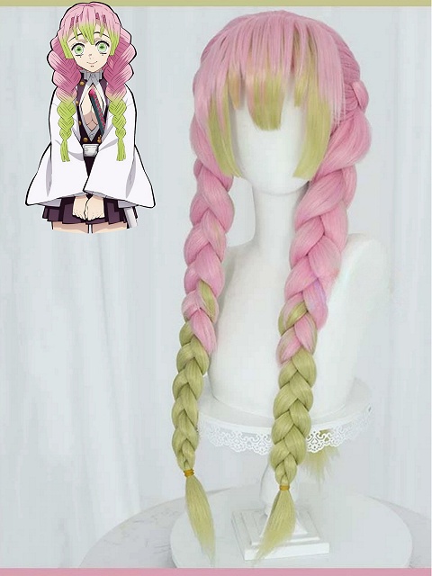 Demon Slayer: Kimetsu no Yaiba Mitsuri Kanroji Cosplay Pink and Green Long Braids Wig