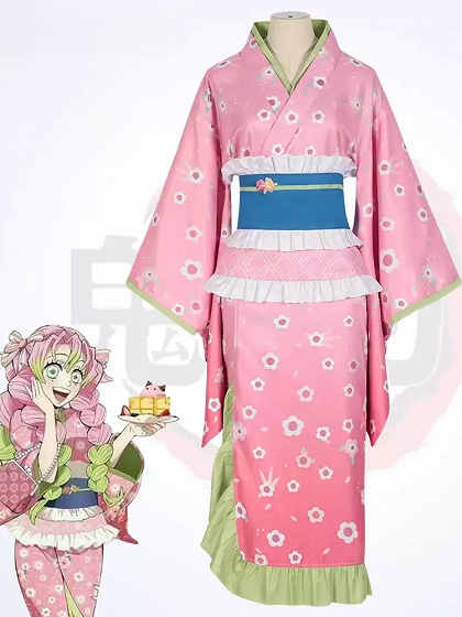 Demon Slayer: Kimetsu no Yaiba Mitsuri Kanroji Cosplay Costume Kimono Set